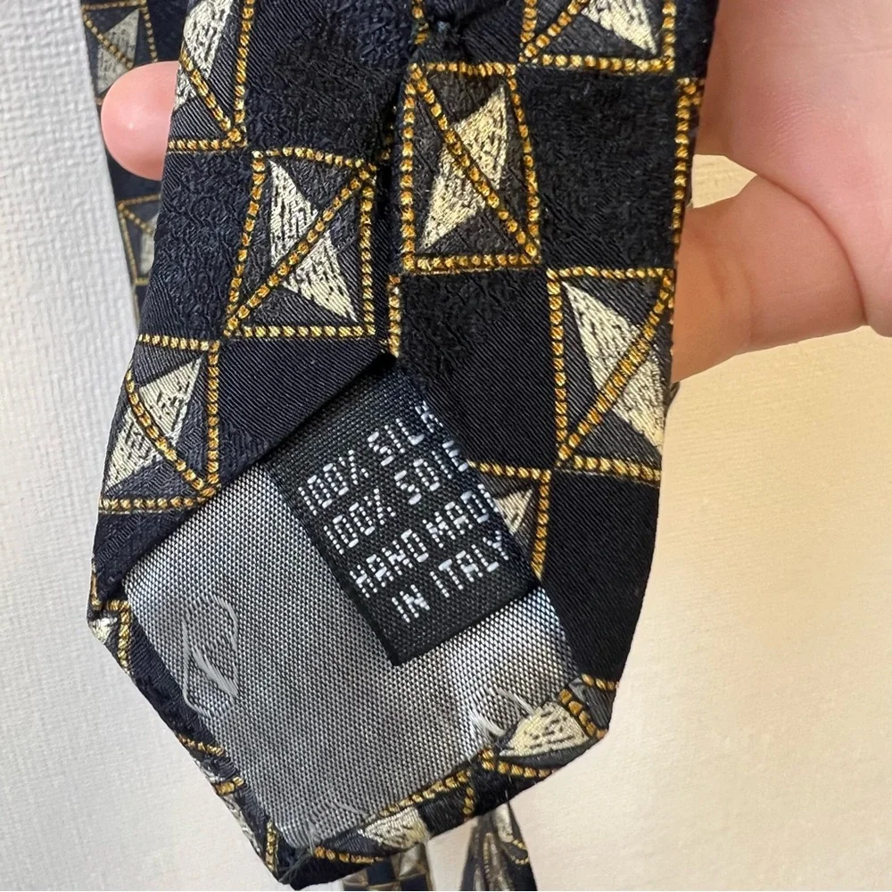 Valentino Men's Necktie 58”Handmade in Italy, 100% Silk Gold & Black Geometric